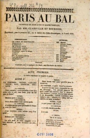Paris au bal : Vaudeville en 3 actes et 4 tableaux, par M.M. Clairville et [Achille] Bourdois