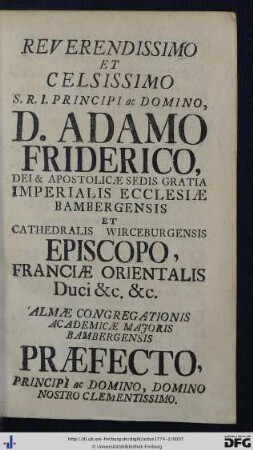 Reverendissimo Et Celsissimo ... D. Adamo Friderico ...