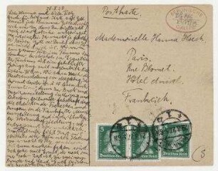 Merz-Postkarte von Helma Schwitters an Hannah Höch und Til Brugman. Hannover