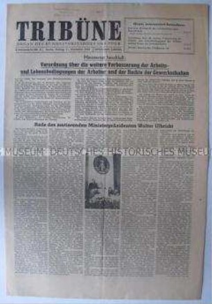 Tageszeitung des FDGB "Tribüne" zur Sitzung des Ministerrates der DDR mit Auszügen aus der Rede von Walter Ulbricht