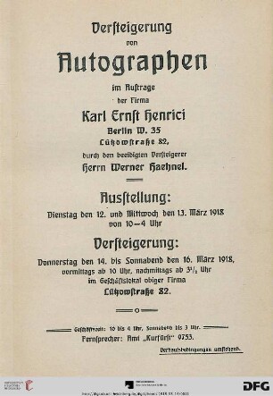 Versteigerung von Autographen : Versteigerung 14. bis 16. März 1918 (Katalog Nr. 48)