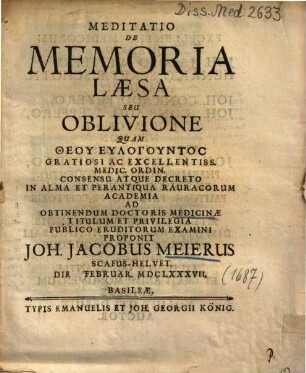 Meditatio De Memoria Laesa Seu Oblivione