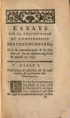 Essais Sur La Construction Et Comparaison Des Thermometres, Sur la communication de la chaleur, & sur les différens degrés de la chaleur des corps