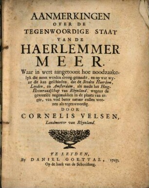 Aanmerkingen over de tegenwoordige staat van de Haerlemmer meer
