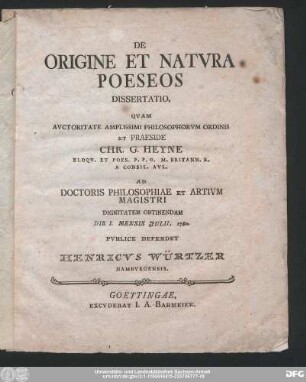 De Origine Et Natvra Poeseos Dissertatio