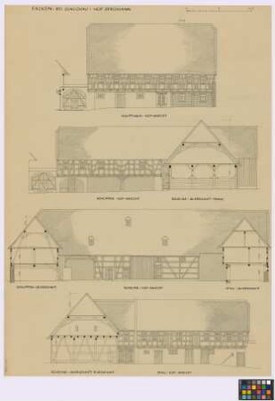 Falken ([Amtshauptmannschaft Glauchau]): Hof Bergmann. - Haupthaus (Süd-West-Seiten-Ansicht). - Schuppen (Nord-West-Seiten-Ansicht, Querschnitt). - Scheune (Tennen-Querschnitt, Durchfahrt-Querschnitt, Nord-Ost-Seiten-Ansicht). - Stall (Querschnitt, Süd-Ost-Seiten-Ansicht). - Einfahrtstor 1 (Süd-West-Ansicht). - Einfahrtstor 2 (Nord-West-Ansicht)