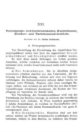 XXI. Versorgungs- und Siechenanstalten, Waisenhäuser, Blinden- und Taubstummen-Institute.