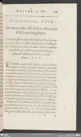 Observatio XXVI. De mirandis effectibus fulminis Historia singularis