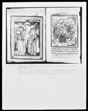 Ms. 1.2.8.6: Brevier aus dem Dominikanerinnen-Kloster, Folio 151 verso-152; Kreuzigung mit Franziskus und Dominikus und Initiale "E" mit Enthauptung der Apostel Simon und Judas Thaddäus