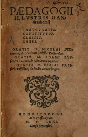 Paedagogii ... Gandershemii inauguratio, constitutio, classes leges