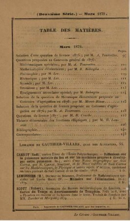 Table des matières. Mars 1879.