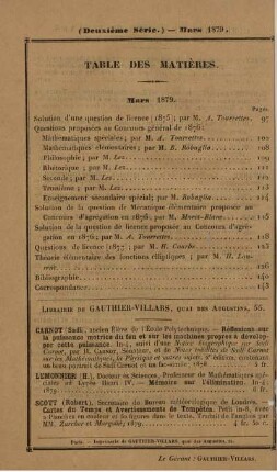 Table des matières. Mars 1879.