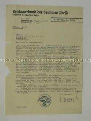 Schreiben des Reichsverbandes der deutschen Presse zur Befreiung Fleischhuts von Beitragszahlungen - Nachlass
