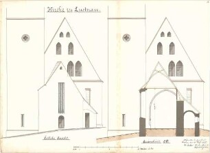 Dolmetsch, Heinrich; Lustnau; Ev. Pfarrkirche, Restaurierung - Alter Zustand - Ostseite u. Chor (Ansicht, Querschnitt)