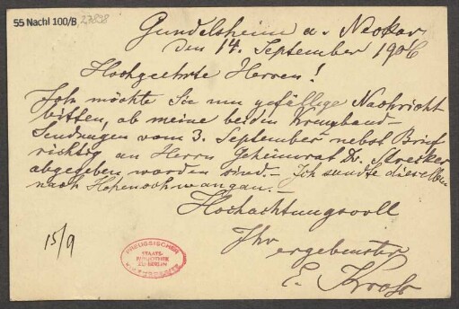 Brief an B. Schott's Söhne : 14.09.1906