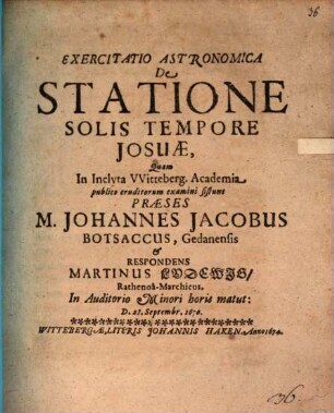 Exercitatio astronomica de statione solis tempore Josuae
