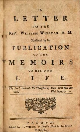 A letter to the Will. Winston occasioned by his publication of the memoirs of his own life