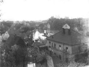 Benndorf. Blick vom Turm der Pfarrkirche über die Wyhra (bei Hochwasser)
