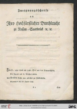 Zueignungsschrift an Ihro Hochfürstlichen Durchlaucht zu Nassau = Saarbrück