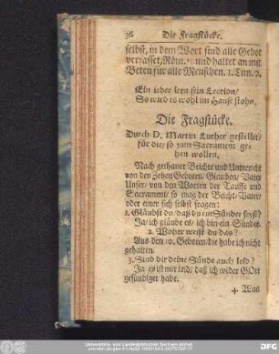 Die Fragstücke. Durch D. Martin Luther gestellet, für die, so zum Sacrament gehen wollen.