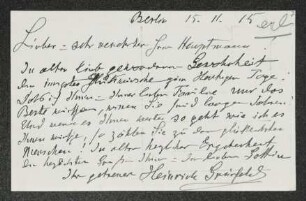 Brief von Heinrich Grünfeld an Gerhart Hauptmann