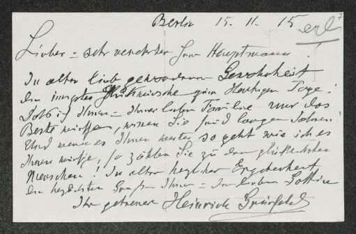 Brief von Heinrich Grünfeld an Gerhart Hauptmann