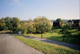 Blick von oberhalb des Dorfes auf Straße, Wiese, Obstbäume,