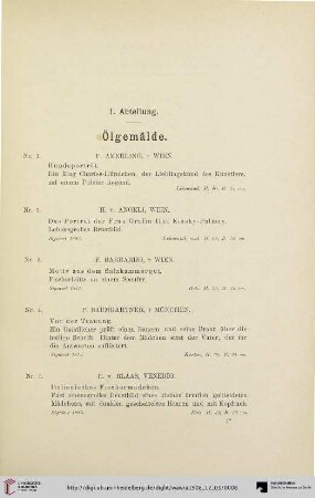 I. Abteilung: Ölgemälde (Nr. 1-120)