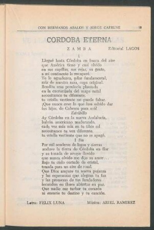 Córdoba eterna : Zamba. - Editorial Lagos