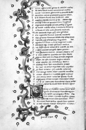 Textseite mit Initiale und Schmuckleiste, fol. 40v : Ovidii metamorphoseon libri XV., Textseite mit Initiale und Schmuckleiste, fol. 40v, Italien, 14. Jh. Pergament, Wasserfarben, Blattgold, Tinte; 24 x 16,2 cm (Blattgröße). Dresden: SLUB Mscr.Dresd.Dc.144