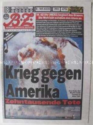 Berliner Tageszeitung "BZ" mit der Schlagzeile "Krieg gegen Amerika" zu den Terroranschlägen in den USA am 11. September 2001