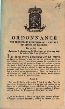 Ordonnance Des Trois Etats Representant Le Peuple Du Duche' De Brabant. Du 30 Juin 1790