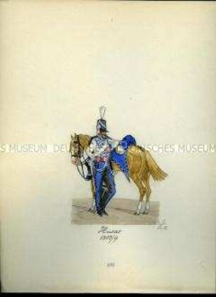 Uniformdarstellung, Husar, 1808/1809. Aus: Sammelmappe "Sachsens Militär", Königliche Arsenalsammlung.