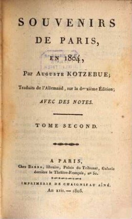 Souvenirs de Paris, en 1804 : avec des notes, 2