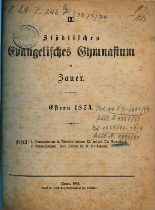 Städtisches Evangelisches Gymnasium zu Jauer : Ostern .... 1873/74