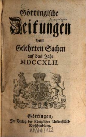 Göttingische Zeitungen von gelehrten Sachen : auf das Jahr .... 1742, 1742