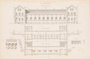 Irrenanstalt, Schwetz: Grundriss Keller, EG, Ansicht, Details Gebäude für Tobsüchtige (aus: Atlas zur Zeitschrift für Bauwesen, hrsg. v. G. Erbkam, Jg. 4, 1854)