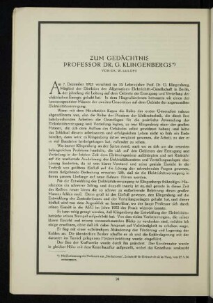 Zum Gedächtnis Professor Dr. G. Klingenbergs*)