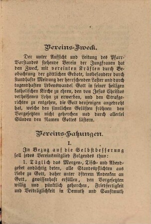 Zweck und Satzungen des Vereines der Jungfrauen in der Pfarrei : errichtet mit Genehmigung des Hochw. Bisch. Ordinariats Passau im Jahre 18..