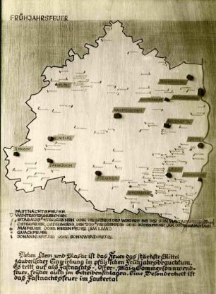 Kartenschaubild. Umrißkarte der Pfalz mit Markierungen zum Pfälzischen Frühlingsfeuer, Winterverbrennen, Quackfeuer, Johannisfeuer oder Sonnenwendfeuer