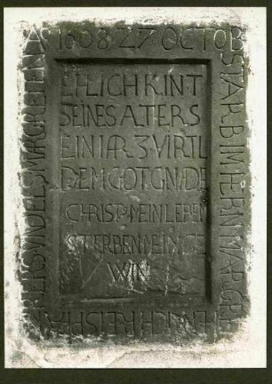 Grabstein, Kind des Pfarrers Reis, 1608