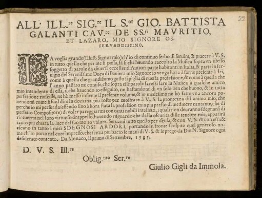 Dedikation an Giovanni Battista, Cavaliere de Santi Mauritio de Lazaro, von Giulio Gigli da Immola