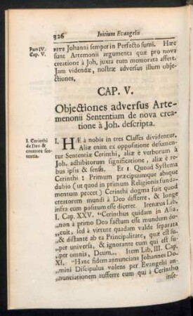 Cap. V. Objectiones adversus Artemonii Sententiam de nova creatione à Joh. descripta
