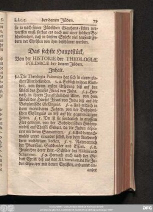 Das sechste Hauptstück, Von der Historie der Theologiae Polemicae bey denen Jüden.