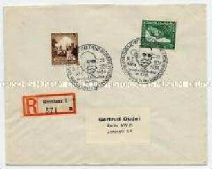 Briefumschlag mit Sonderbriefmarken und -stempel zur Zeppelinpost-Ausstellung in Konstanz