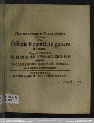 Disputationum politicarum octava de officiis reipubl. in genere ...