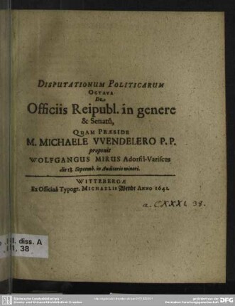 Disputationum politicarum octava de officiis reipubl. in genere ...