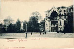 Postkartenalbum. "Gruss aus Karlsruhe". Festhalle und Vierordtbad
