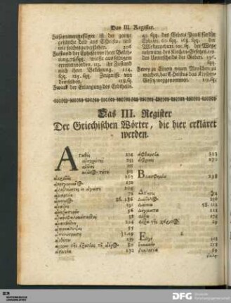 Das III. Register Der Griechischen Wörter, die hier erkläret werden.