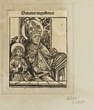 Sanctus augustinus, aus: Hartmann Schedel, "Registrum huius operis libri cronicarum cu figuris et ymagibus ab inicio mudi", Nürnberg 12.7.1493, S. CXXXVI
